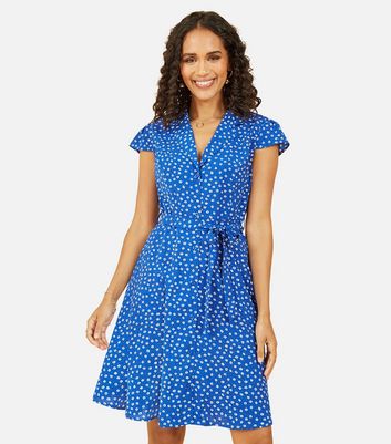 Mela Blue Floral Cap Sleeve Belted Skater Dress