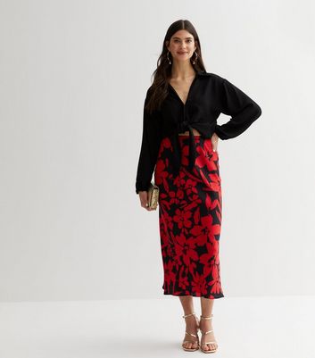 Red Floral Satin Bias Cut Midi Skirt New Look