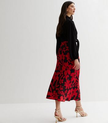 Red Floral Satin Bias Cut Midi Skirt New Look