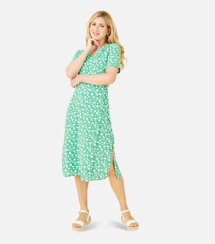 Mela Green Floral Short Sleeve Wrap Midi Dress