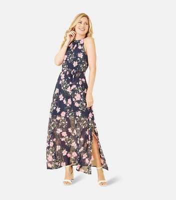 Mela Navy Floral Belted Halter Maxi Dress