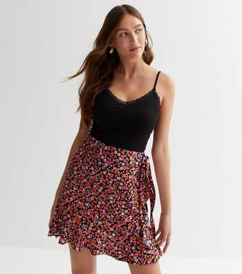 Black Ditsy Floral Ruffle Mini Wrap Skirt