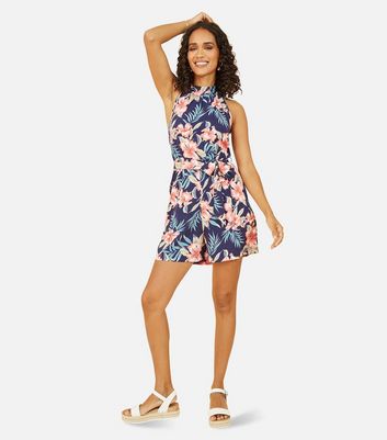 Mela Navy Floral Print Playsuit New Look