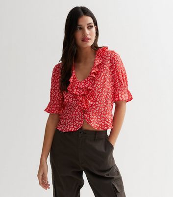 Red Ditsy Floral Ruffle Neck Blouse New Look