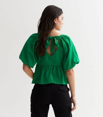 Green Puff Sleeve Tie Back Peplum Top New Look