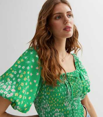 Green Ditsy Floral Shirred Puff Sleeve Top