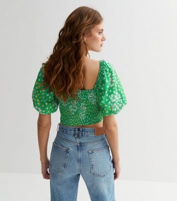 Green Ditsy Floral Shirred Puff Sleeve Top New Look
