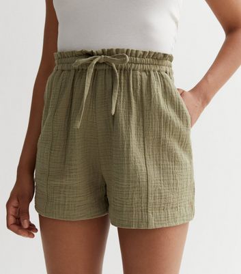 Olive Cheesecloth Tie Waist Shorts New Look