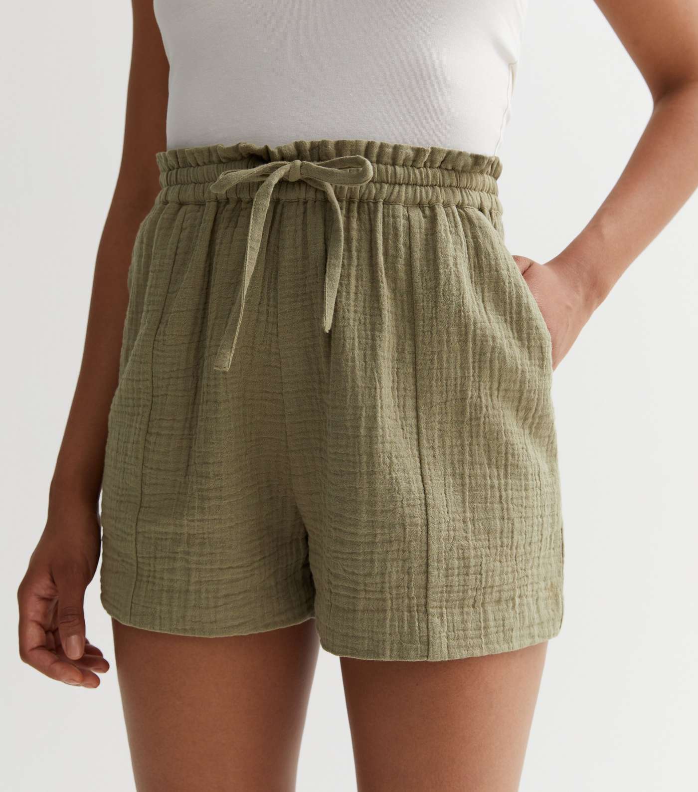 Olive Cheesecloth Tie Waist Shorts Image 2