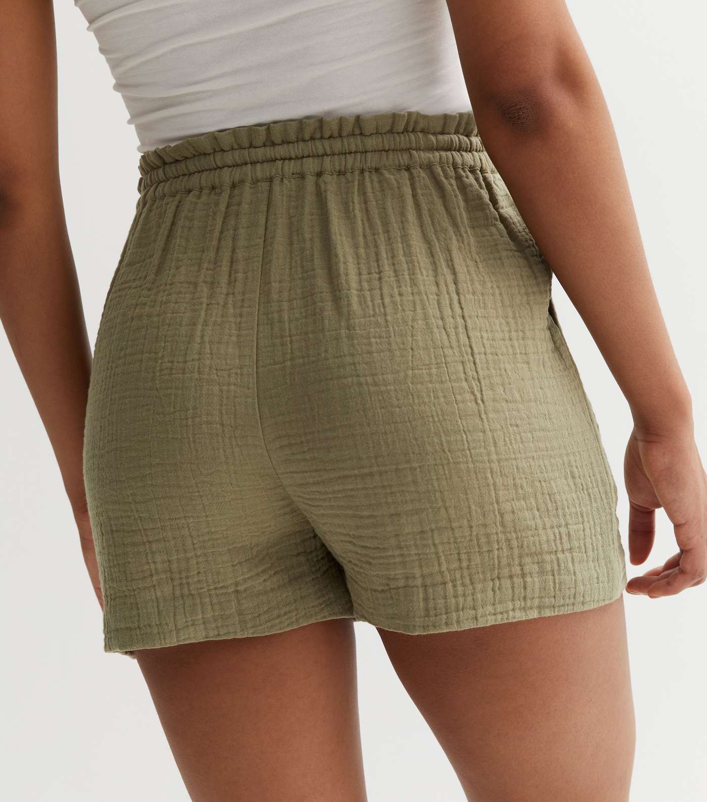 Olive Cheesecloth Tie Waist Shorts Image 4