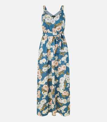 Mela Blue Floral Satin Belted Maxi Dress