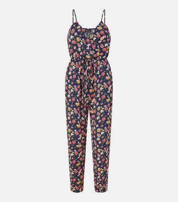 Mela Navy Floral Strappy Wrap Jumpsuit New Look