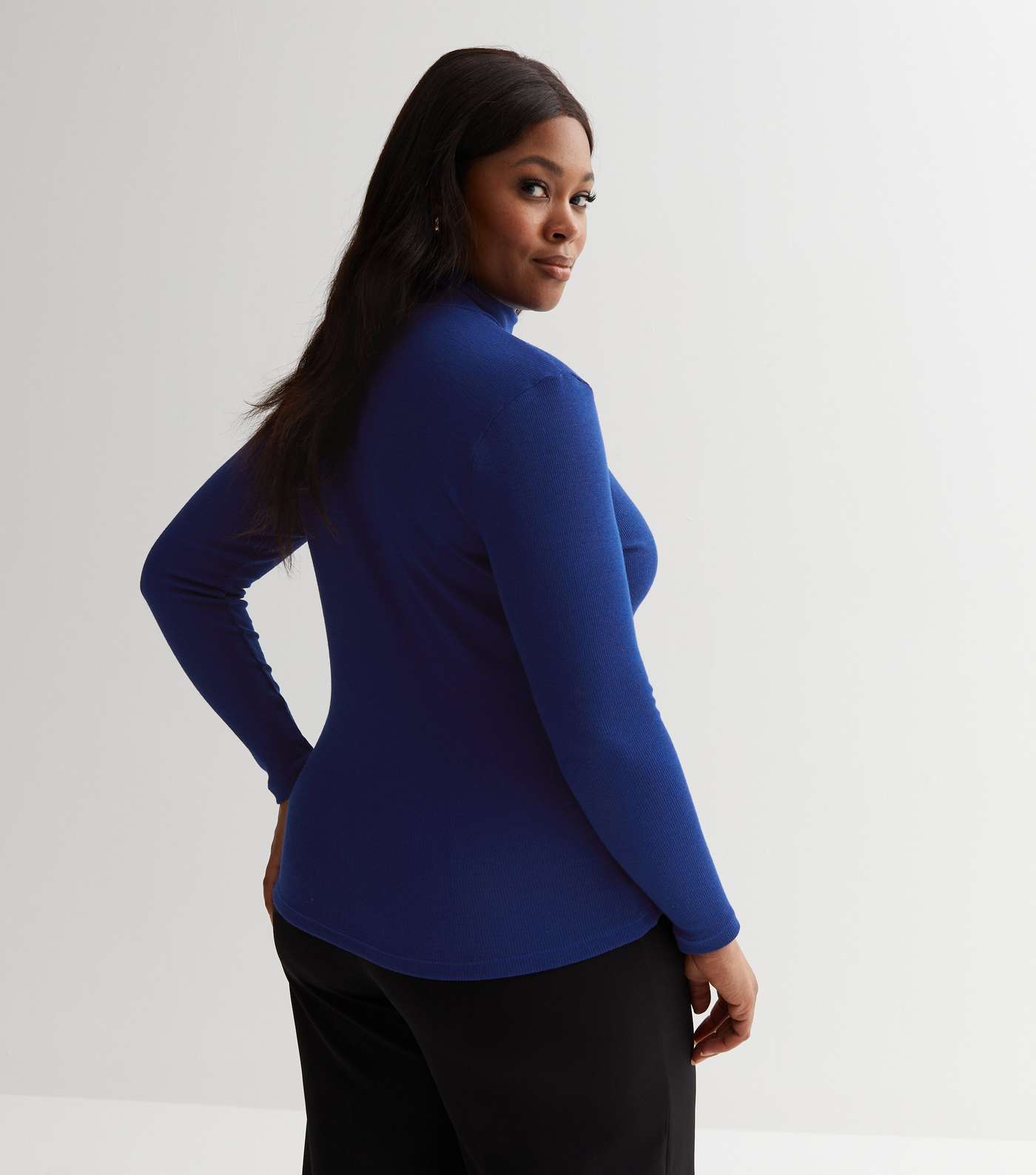 Curves Bright Blue Knit Roll Neck Long Sleeve Button Top Image 4