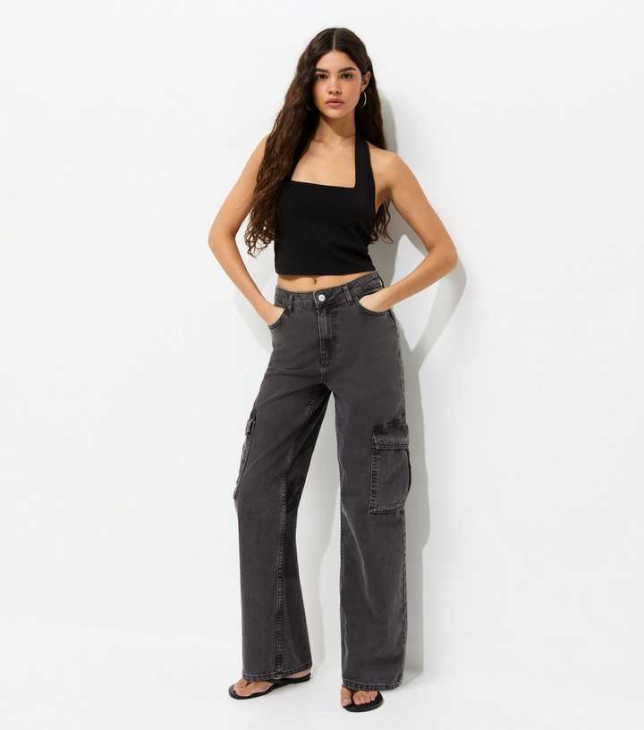 Washed Black High Waist Cargo Jeans