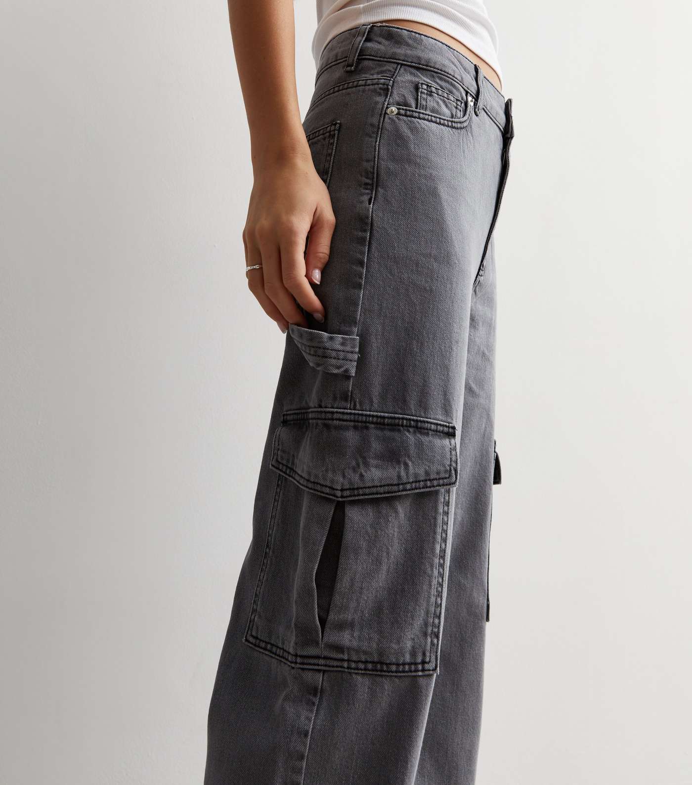Grey High Waist Cargo Jeans Image 2