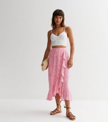 Pink Ditsy Floral Ruffle Midi Skirt | New Look