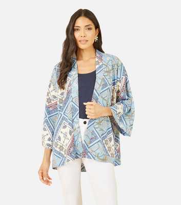 Mela Blue Scarf Print Satin Kimono