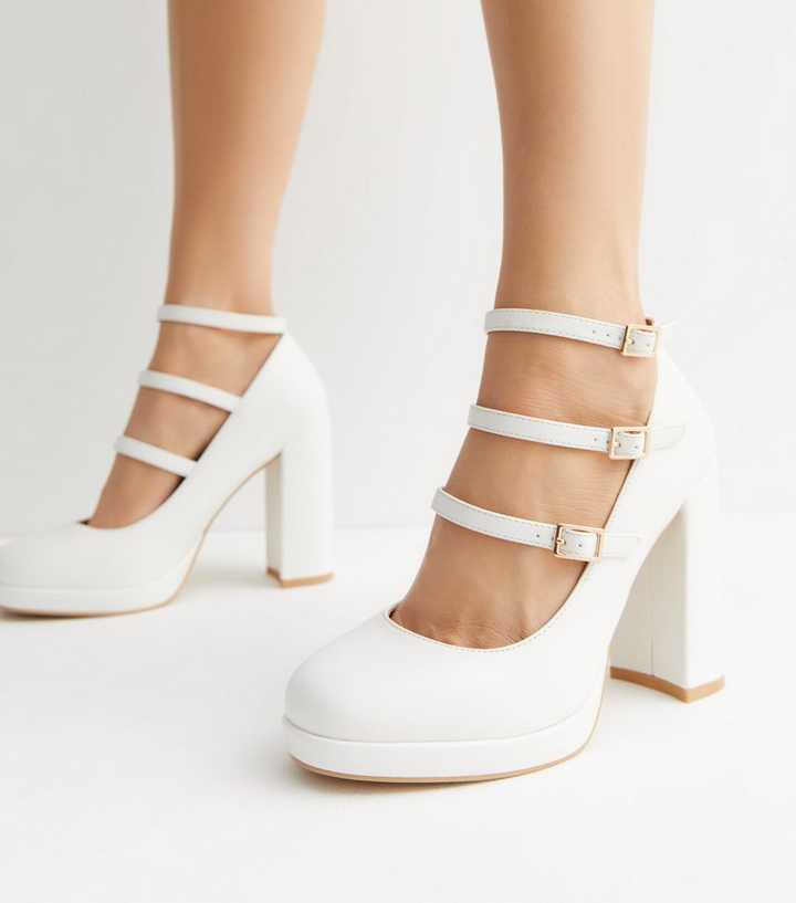 White Multi Strap Block Heel Mary Jane Shoes