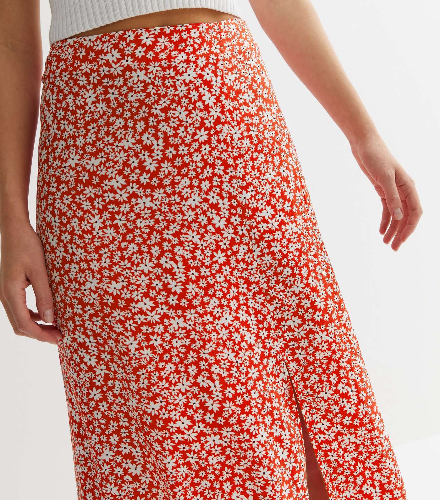Red Ditsy Floral Split Hem Midi Skirt Image 3
