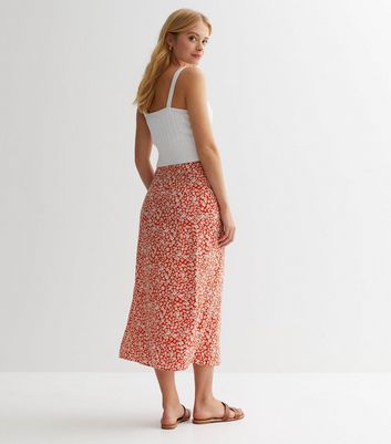 Red Ditsy Floral Split Hem Midi Skirt New Look