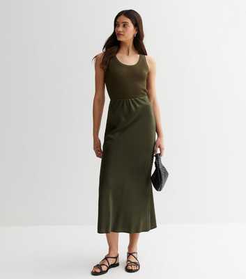 Olive Satin Bias Cut Midi Skirt
