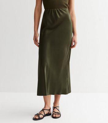 Olive Satin Bias Cut Midaxi Skirt New Look