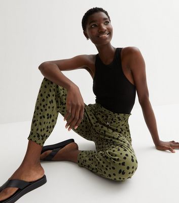 Green Animal Print Tie Front Cuffed Joggers