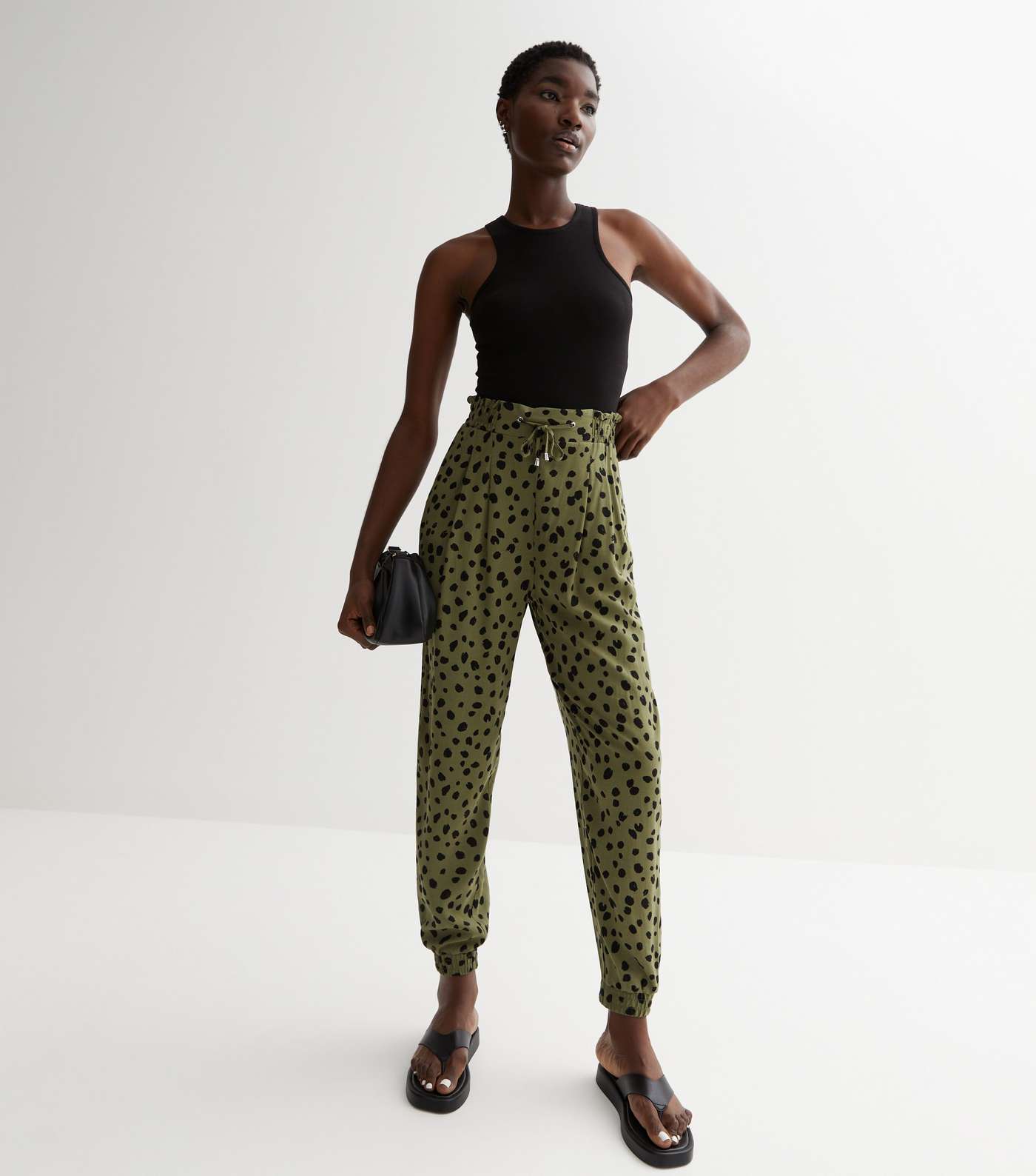 Green Animal Print Tie Front Cuffed Joggers Image 3