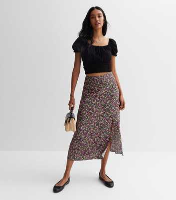Black Ditsy Floral Split Hem Midi Skirt