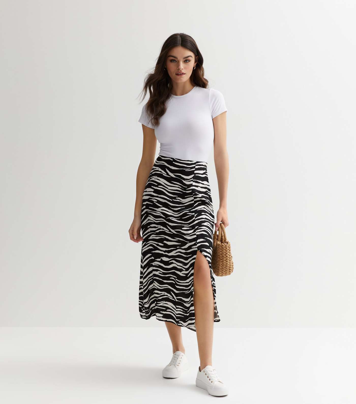 Black Zebra Print Split Hem Midi Skirt