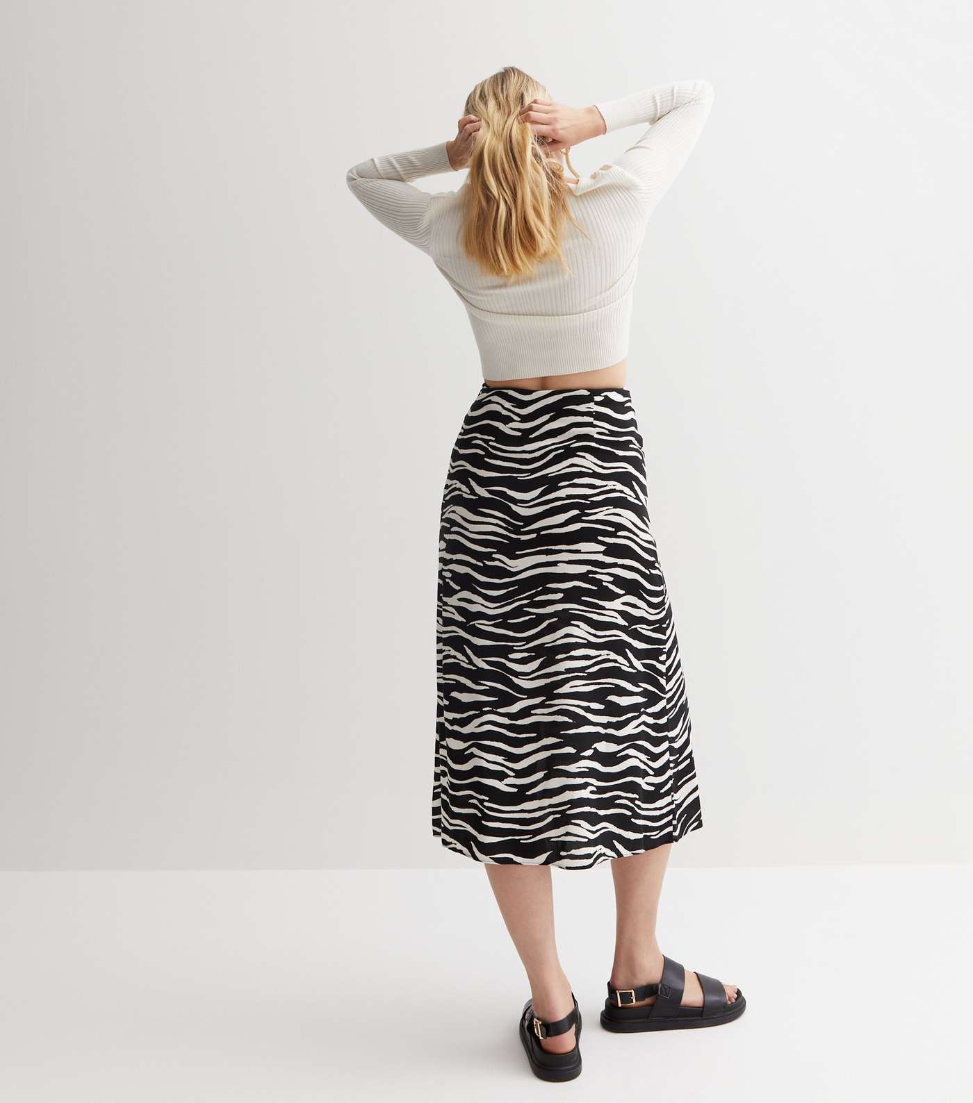 Black Zebra Print Split Hem Midi Skirt Image 5