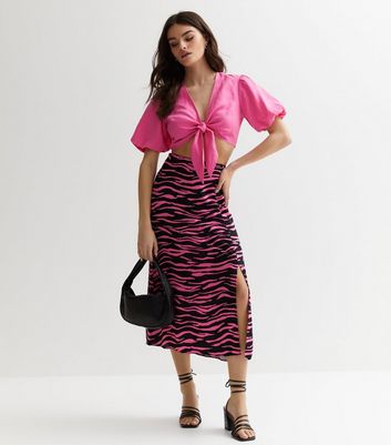 Pink Zebra Print Split Hem Midi Skirt