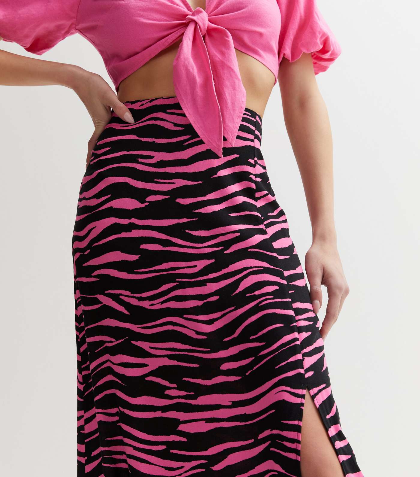Pink Zebra Print Split Hem Midi Skirt Image 3