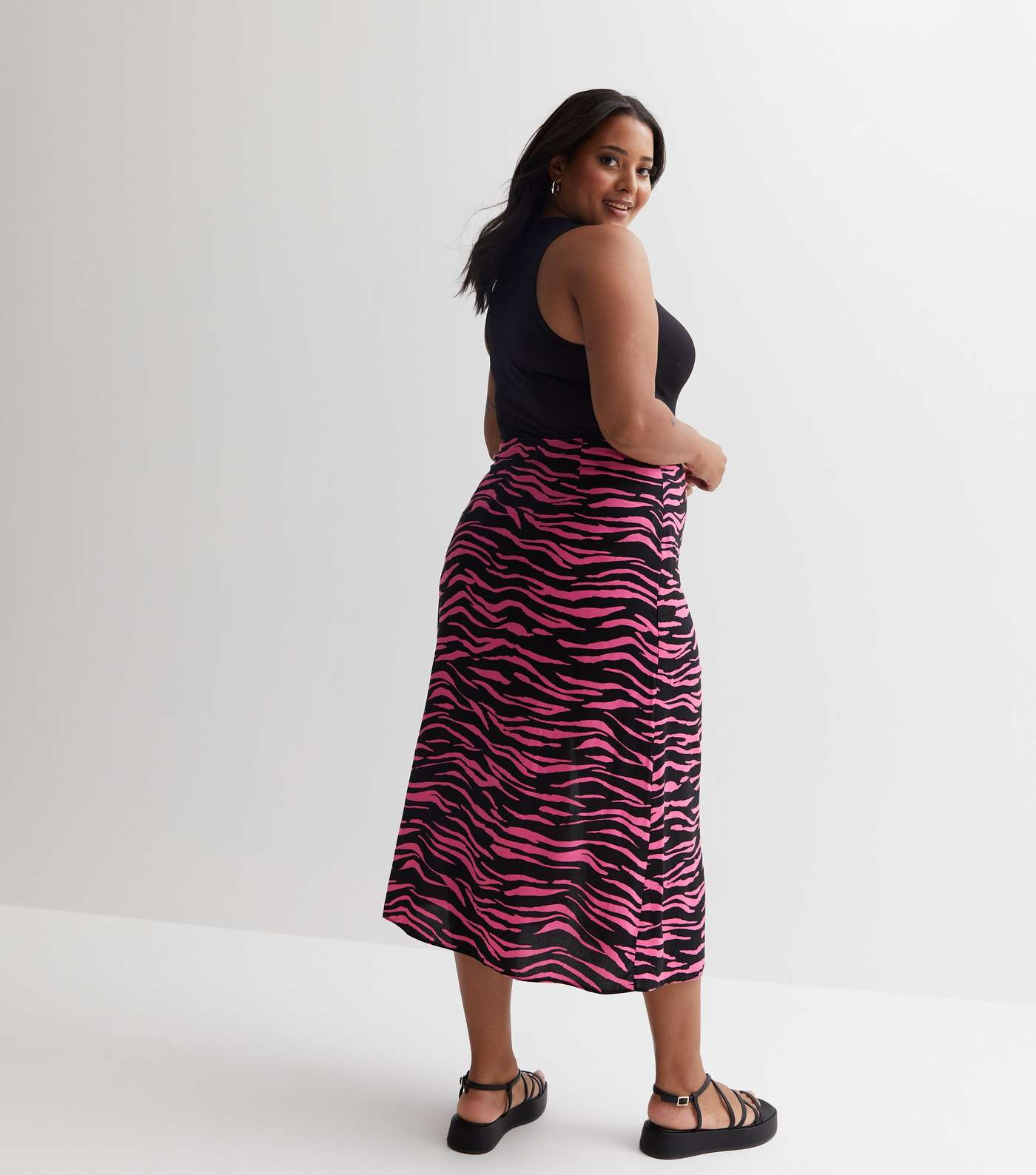 Pink Zebra Print Split Hem Midi Skirt Image 7