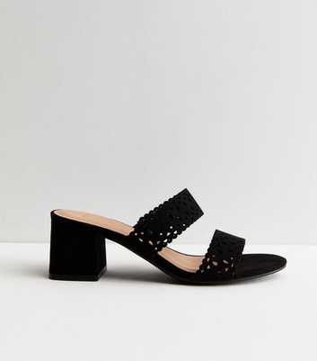 Wide Fit Black Suedette Cut Out Block Heel Mule Sandals