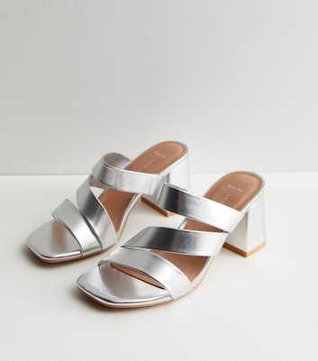 Wide Fit Silver Asymmetric Block Heel Mule Sandals