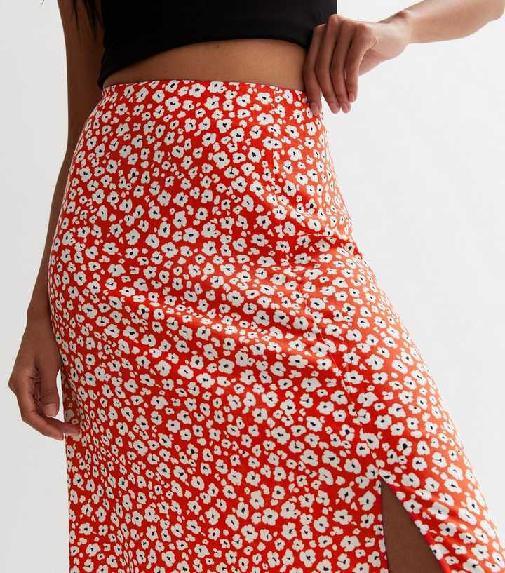 new look split detail midi dress in red floral pattern Red Ditsy Floral Split Hem Midi Skirt