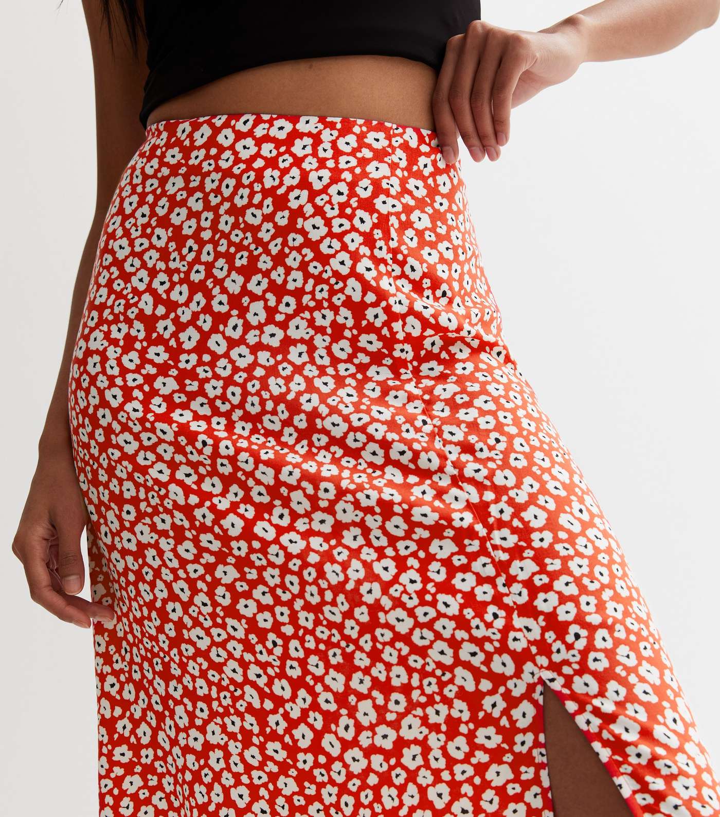 Red Ditsy Floral Split Hem Midi Skirt Image 3