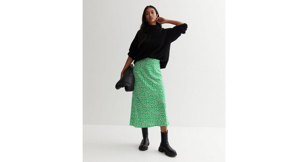 Green Ditsy Floral Bias Cut Midi Skirt | New Look