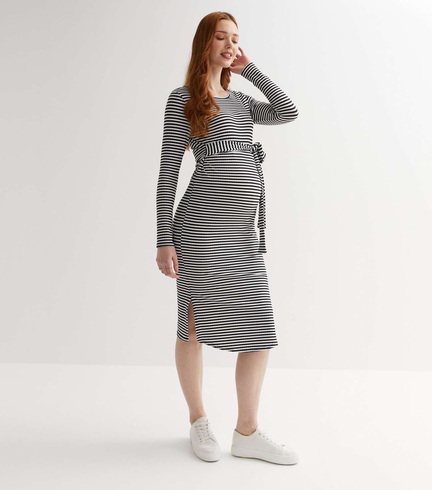 Maternity Black Stripe Belted Midi Dress Image 3