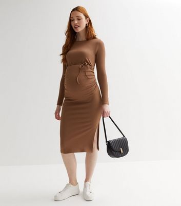 Maternity Brown Ribbed Tie Waist Midi Dress