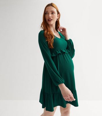 Maternity Dark Green Crinkle Jersey Long Sleeve Frill Mini Dress New Look