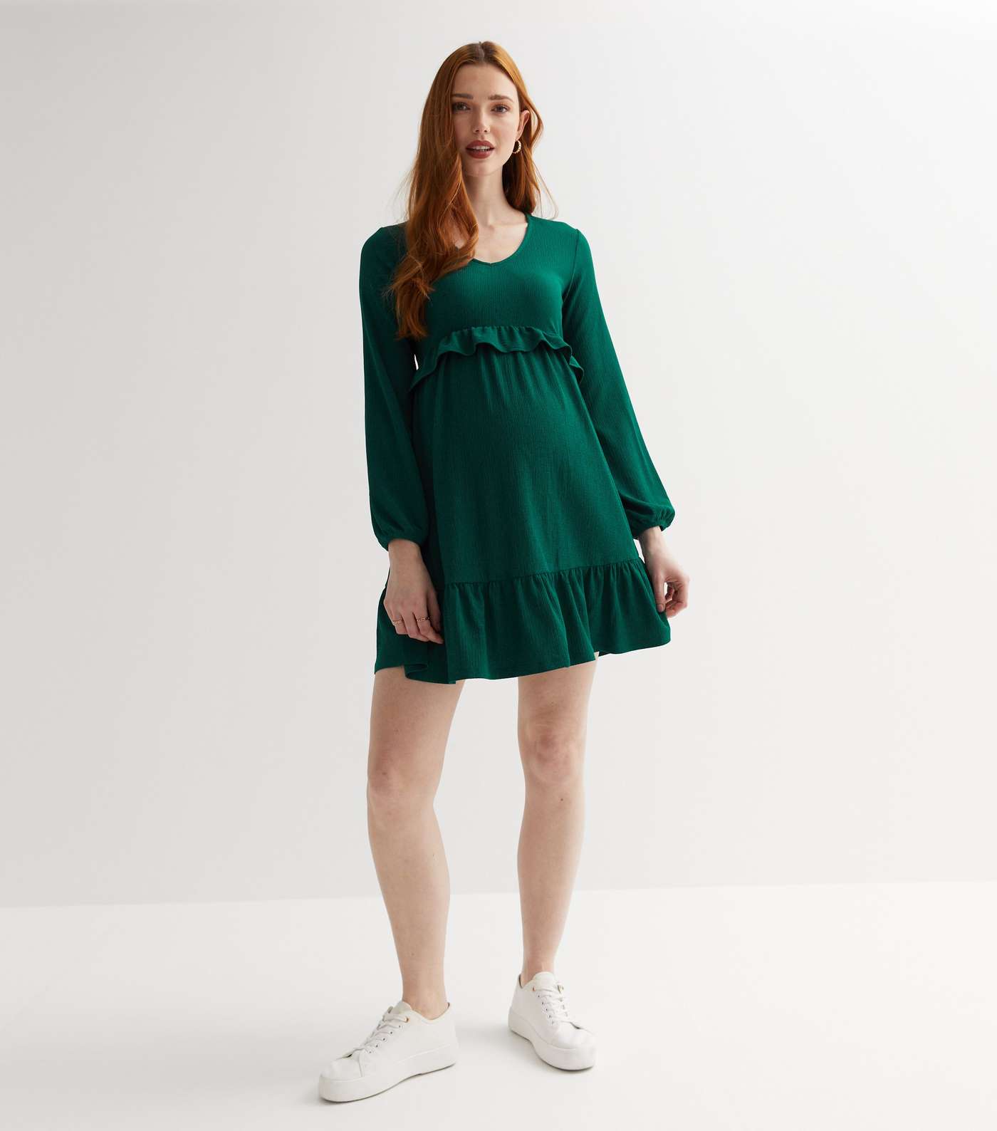 Maternity Dark Green Crinkle Jersey Long Sleeve Frill Mini Dress Image 2