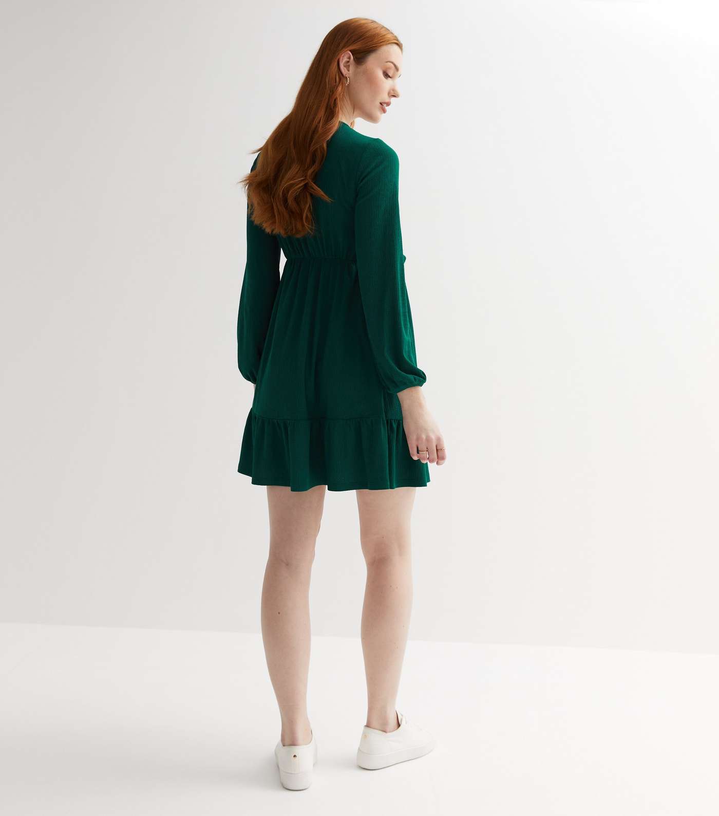 Maternity Dark Green Crinkle Jersey Long Sleeve Frill Mini Dress Image 4