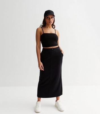 Petite Black Jersey Seam Midi Skirt