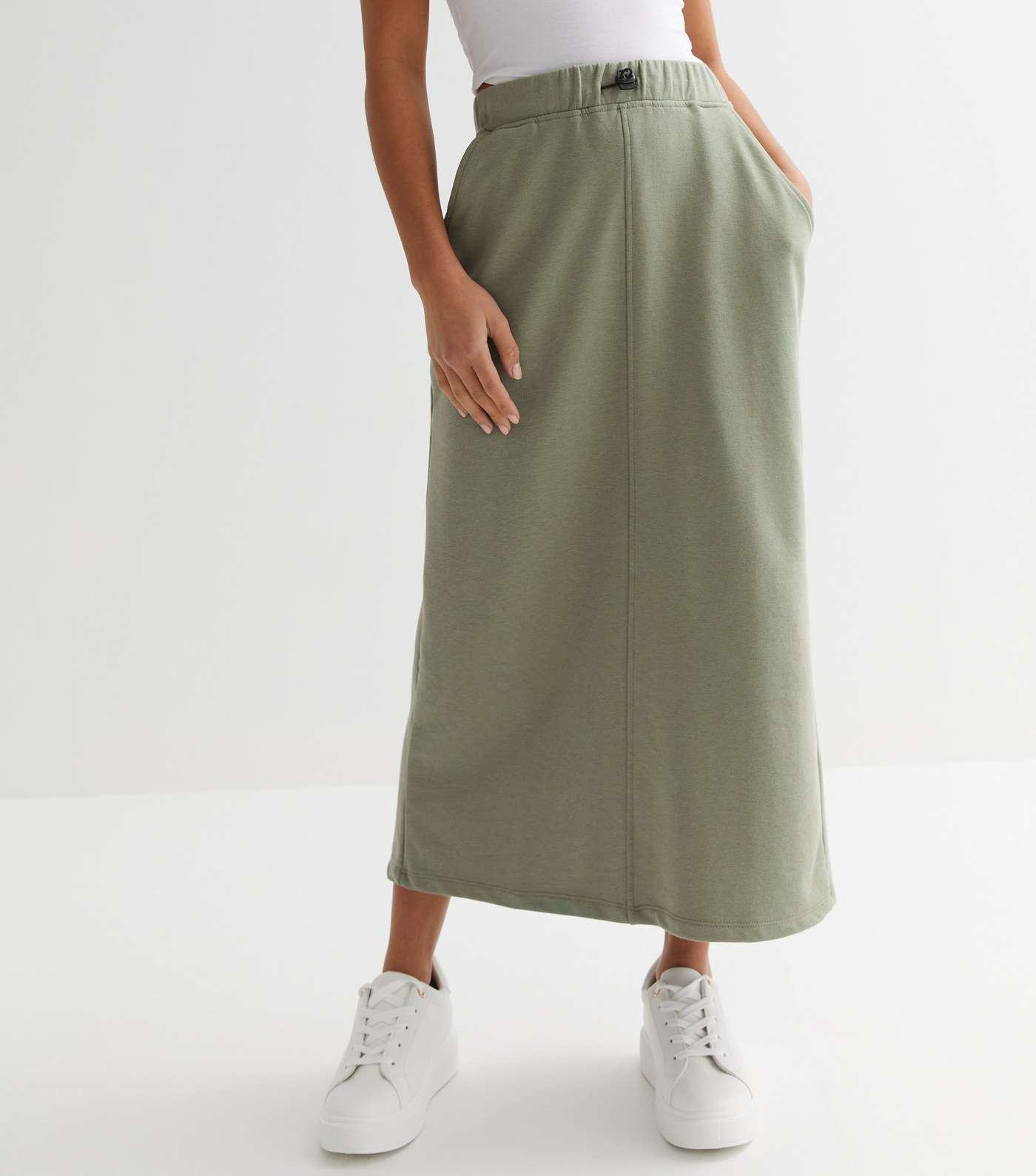 Petite Khaki Jersey Seam Midi Skirt Image 2
