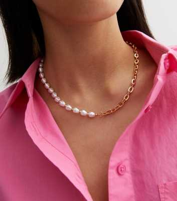 Gold Faux Pearl Chain Necklace