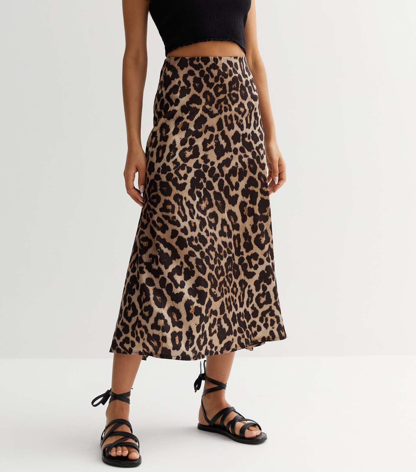 Petite Brown Leopard Print Satin Midi Skirt Image 3