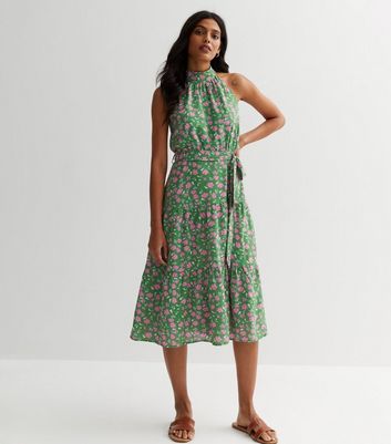 Mela Green Floral Halter Belted Midi Dress New Look