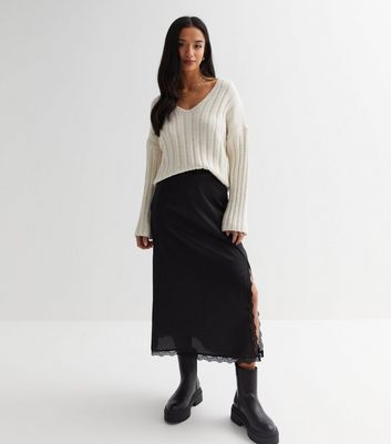 Petite Black Satin Lace Trim Midi Skirt